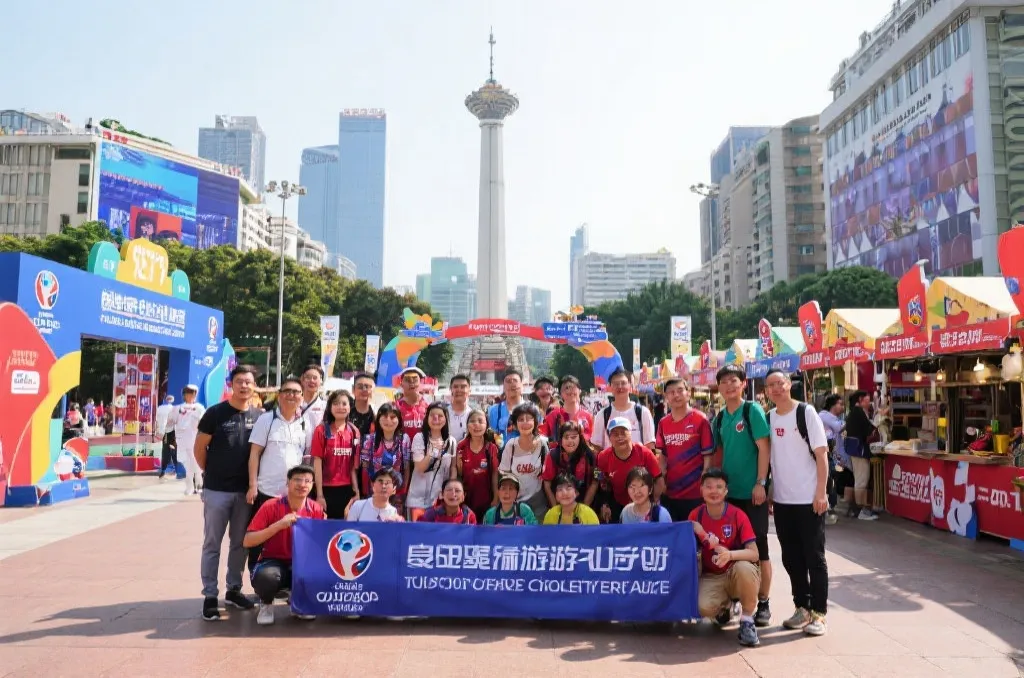 球迷旅行团在城市地标前合影,手持定制旗帜,展示世界杯氛围